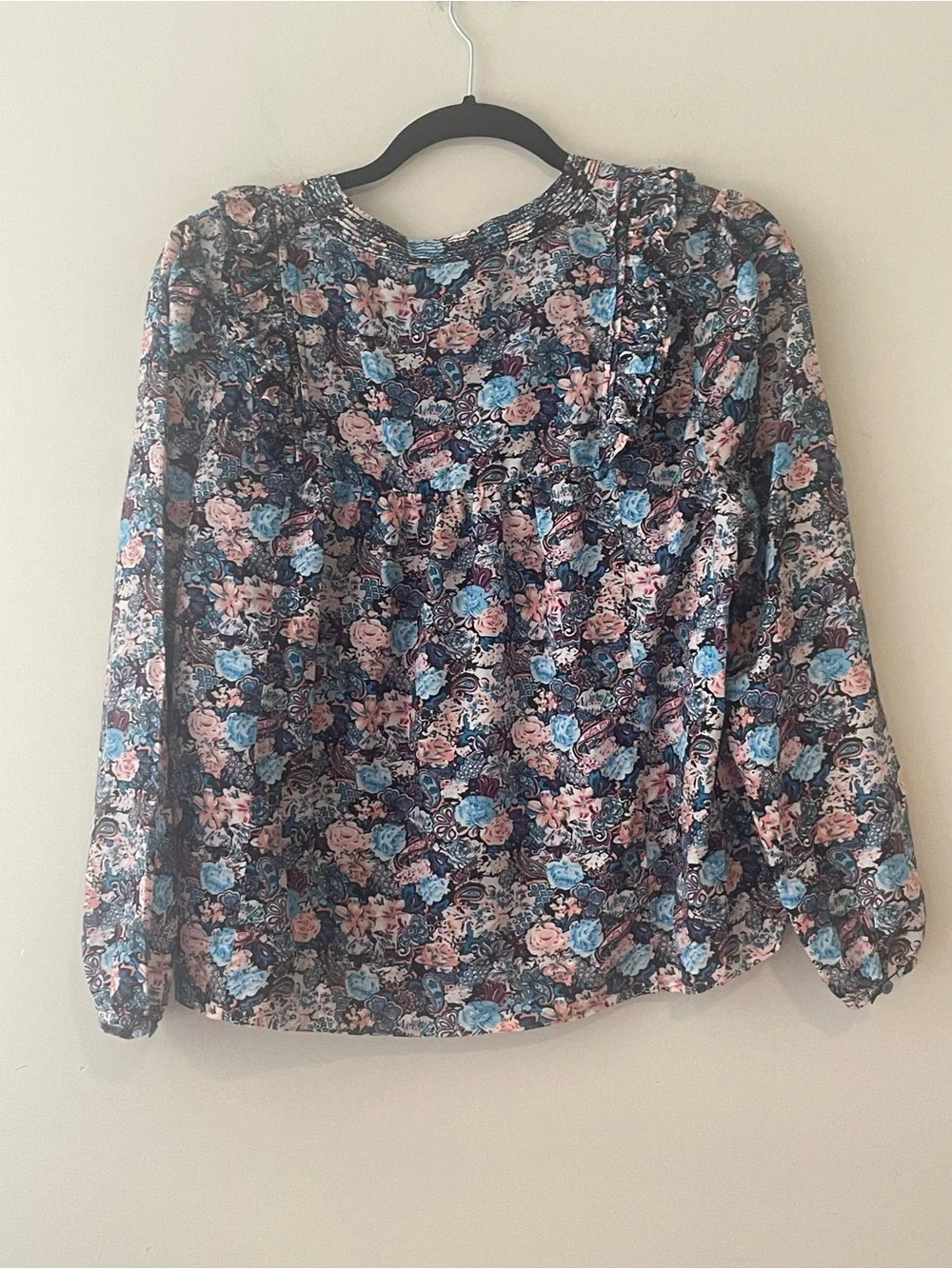 J Crew Ruffle Top Sz M Long Sleeve Blue Pink Paisley Floral Cotton Silk Bohemian